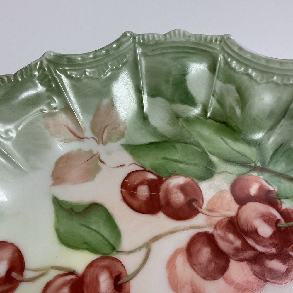 Antique Porcelain Cherries Plate Hand-Painted Green Scalloped Rim 8.5โ France - Picture 12 of 12